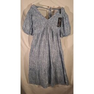 Influence Floral Print Mini Dress Blue Tie Back Puff Short Sleeve Womens Size 8‎